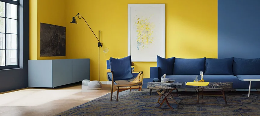 Living Room Accent Wall with Mustard & Navy Blue