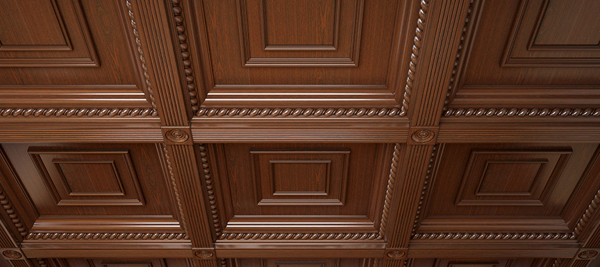Coffered Ceiling with Wood: Main Hall False Ceiling Design