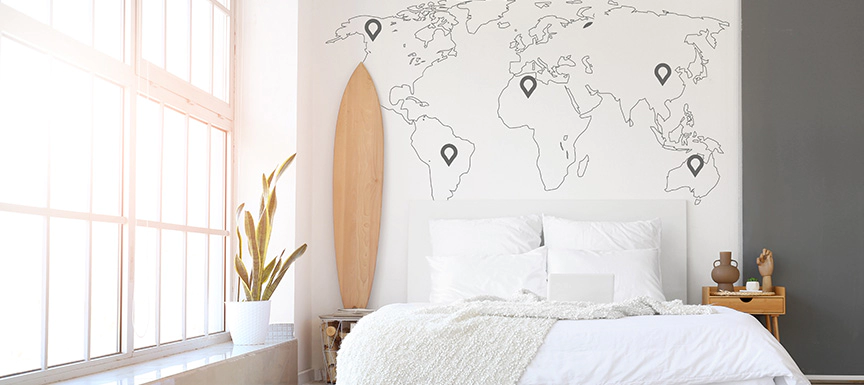 World Map Wall Stencil Design for Bedroom