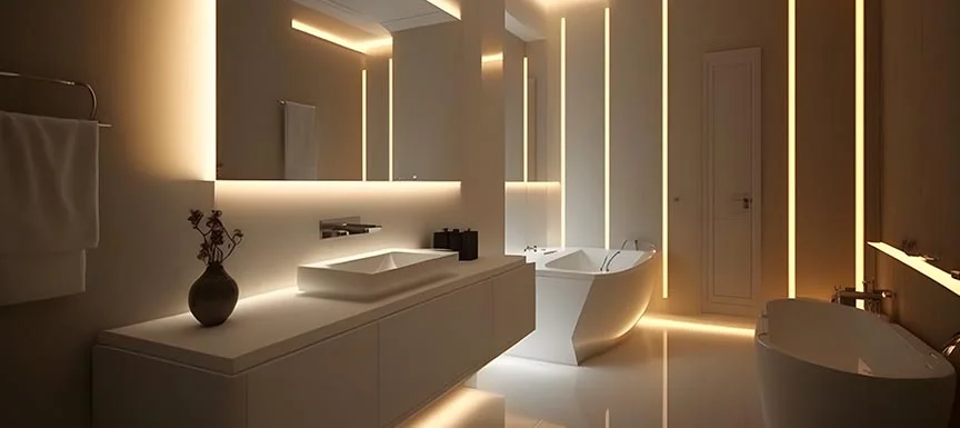 Modern bathroom lighting and cabinets