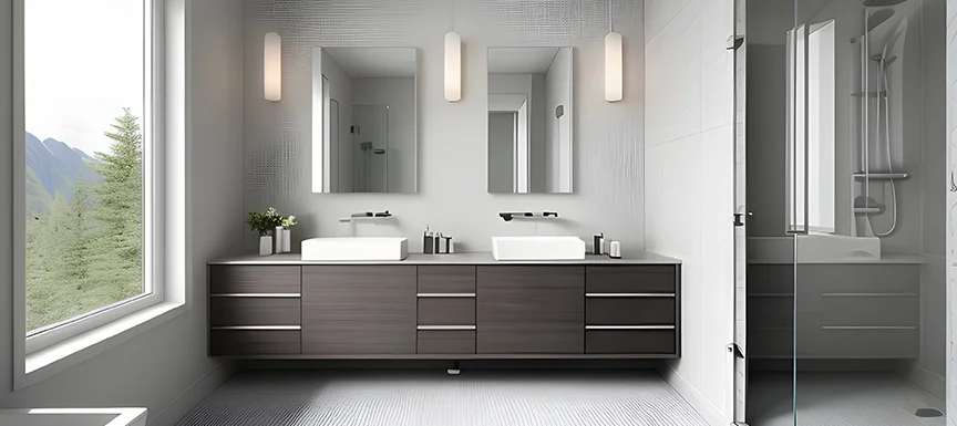 Open shelving and floating vanities