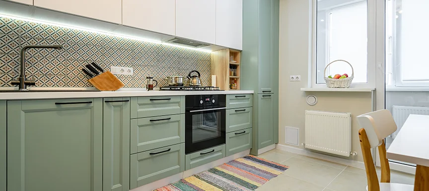 Grey kitchen cabinets with wooden tones