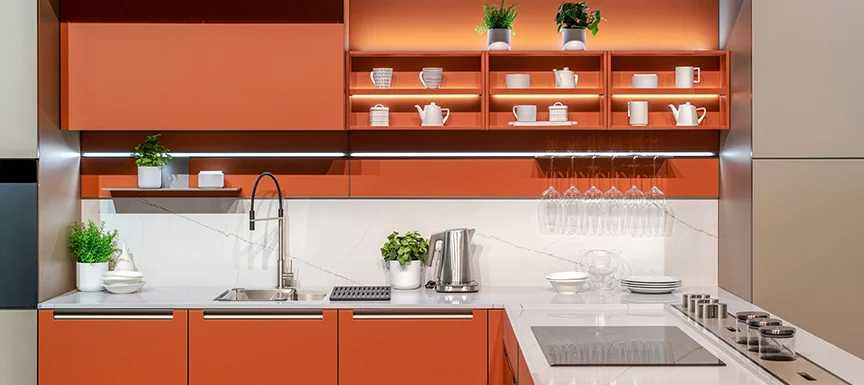 Orange and white kitchen cabinet colours