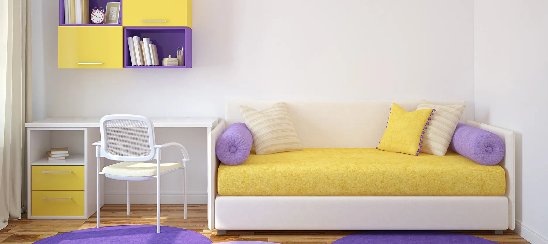 Colour combination with True Yellow and Light Purple for your Home