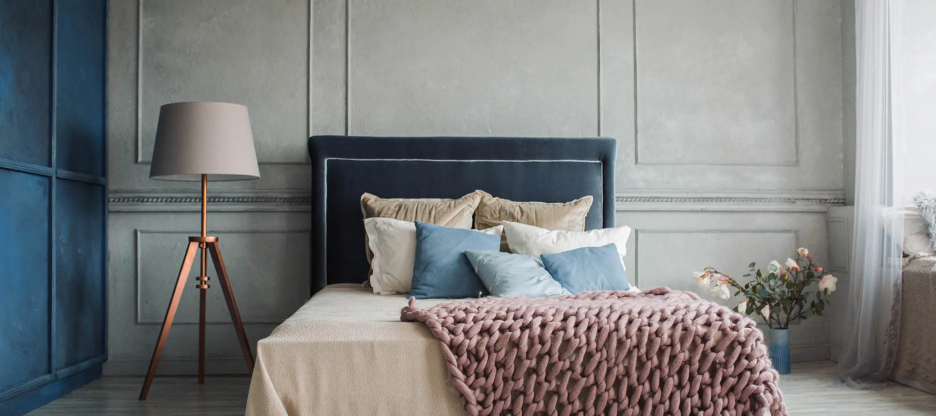 Icy blue and stone grey two colour combination for bedroom walls