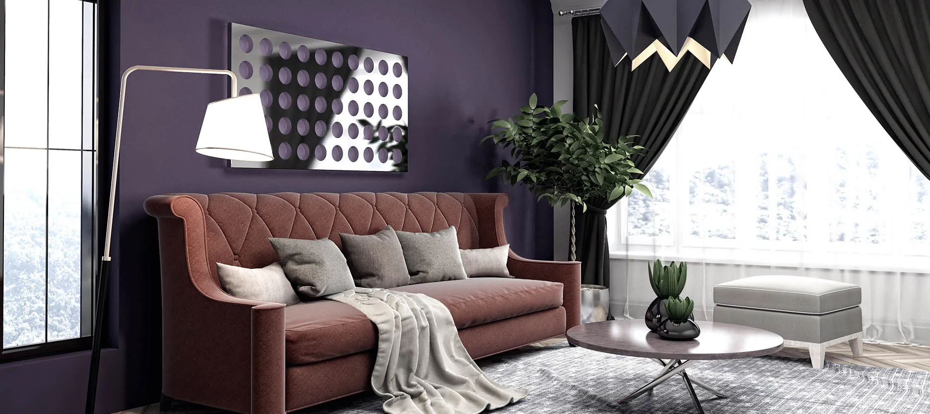 Violet and ivory double colour combination sets up a stimulating environment for your bedroom walls