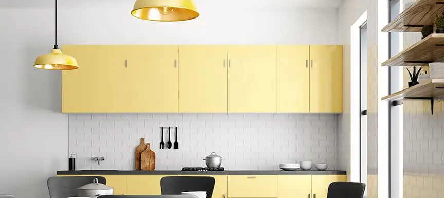 Yellow Kitchen Cabinets with White Backdrops